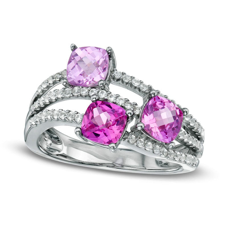 Image of ID 1 Cushion-Cut Lab-Created Pink and White Sapphire Three Stone Wave Ring in Sterling Silver