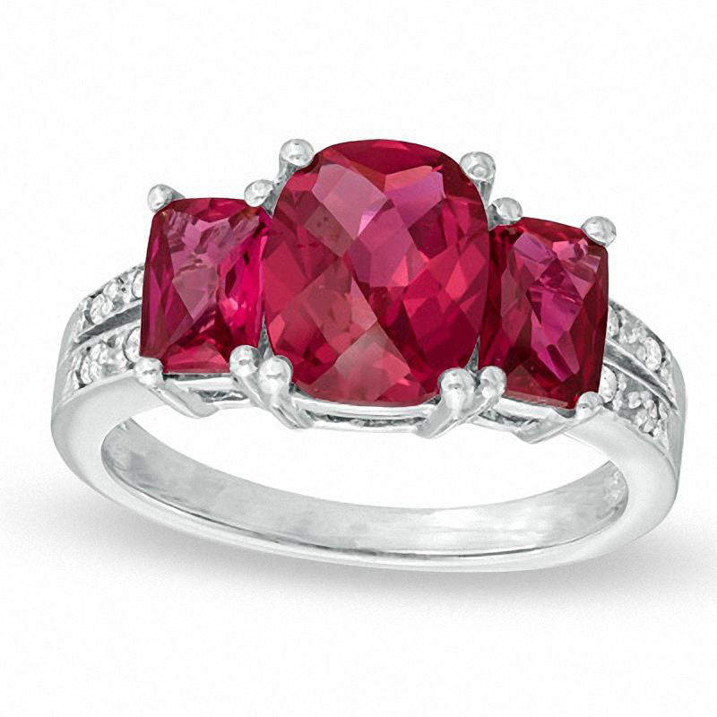 Image of ID 1 Cushion-Cut Lab-Created Ruby and Diamond Accent Ring in Solid 10K White Gold