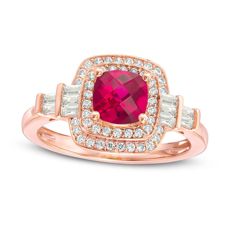 Image of ID 1 Cushion-Cut Lab-Created Ruby and White Sapphire Double Frame Art Deco Ring in Sterling Silver with Solid 14K Rose Gold Plate