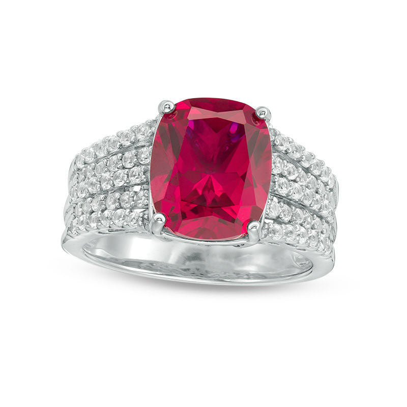 Image of ID 1 Cushion-Cut Lab-Created Ruby and White Sapphire Multi-Row Ring in Sterling Silver - Size 7