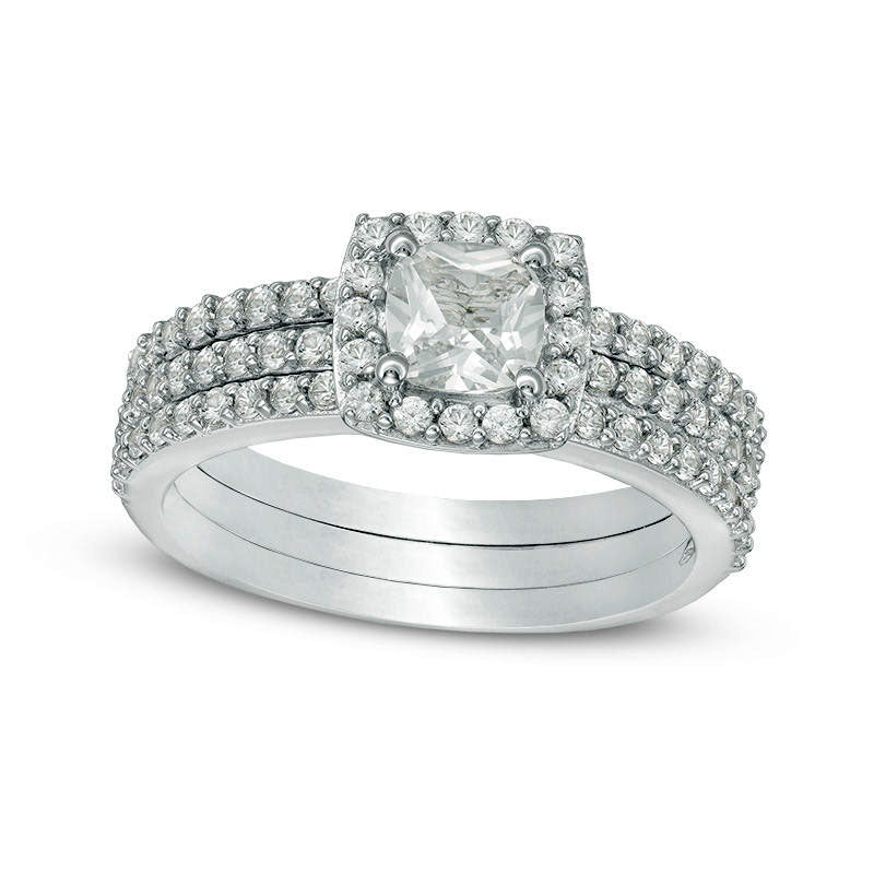 Image of ID 1 Cushion-Cut Lab-Created White Sapphire Frame Three Piece Bridal Engagement Ring Set in Sterling Silver