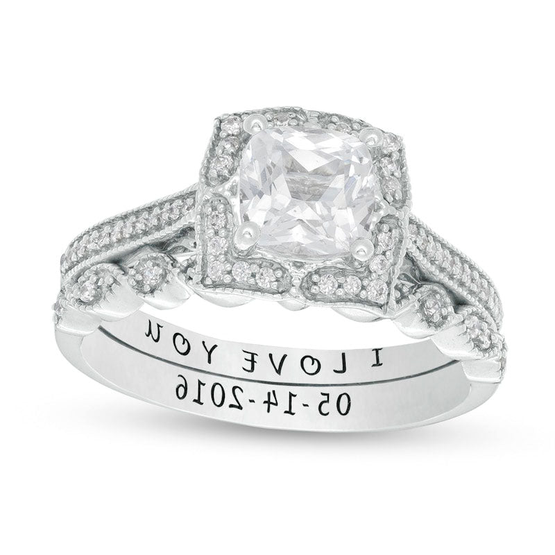 Image of ID 1 Cushion-Cut Lab-Created White Sapphire and 025 CT TW Diamond Antique Vintage-Style Bridal Engagement Ring Set in Sterling Silver (2 Lines)