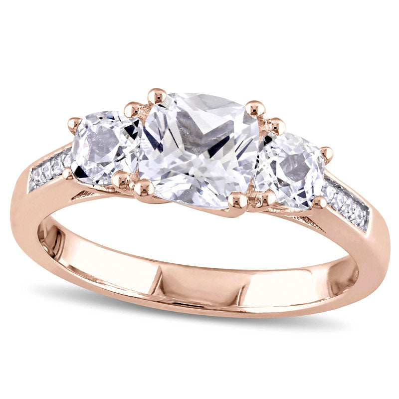 Image of ID 1 Cushion-Cut Lab-Created White Sapphire and Diamond Accent Three Stone Ring in Solid 10K Rose Gold
