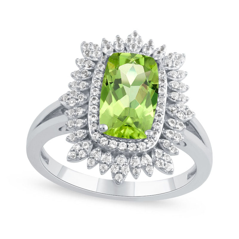 Image of ID 1 Cushion-Cut Peridot and White Topaz Floral Frame Split Shank Ring in Solid 10K White Gold