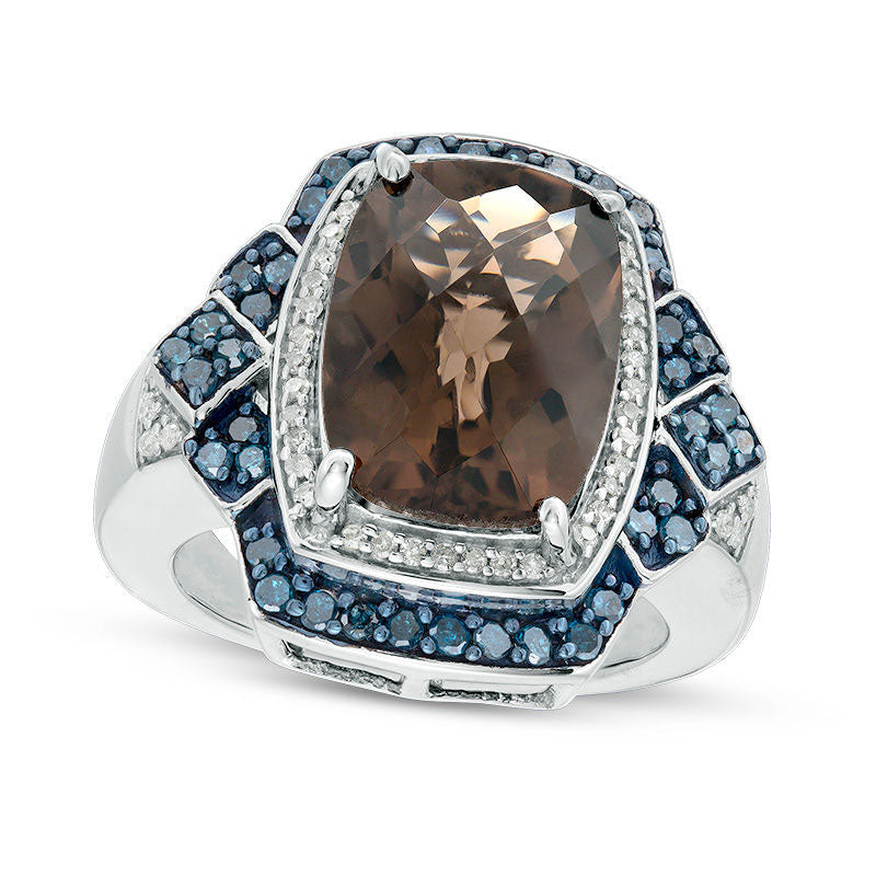 Image of ID 1 Cushion-Cut Smoky Quartz and 050 CT TW Enhanced Blue and White Natural Diamond Frame Geometric Ring in Sterling Silver