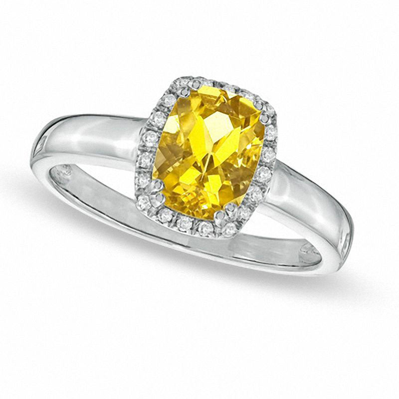 Image of ID 1 Cushion-Cut Yellow Beryl and Natural Diamond Accent Ring in Solid 14K White Gold