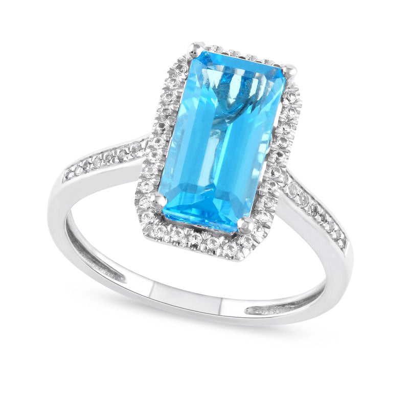 Image of ID 1 Elongated Octagonal Swiss Blue Topaz and White Lab-Created Sapphire Frame Ring in Sterling Silver