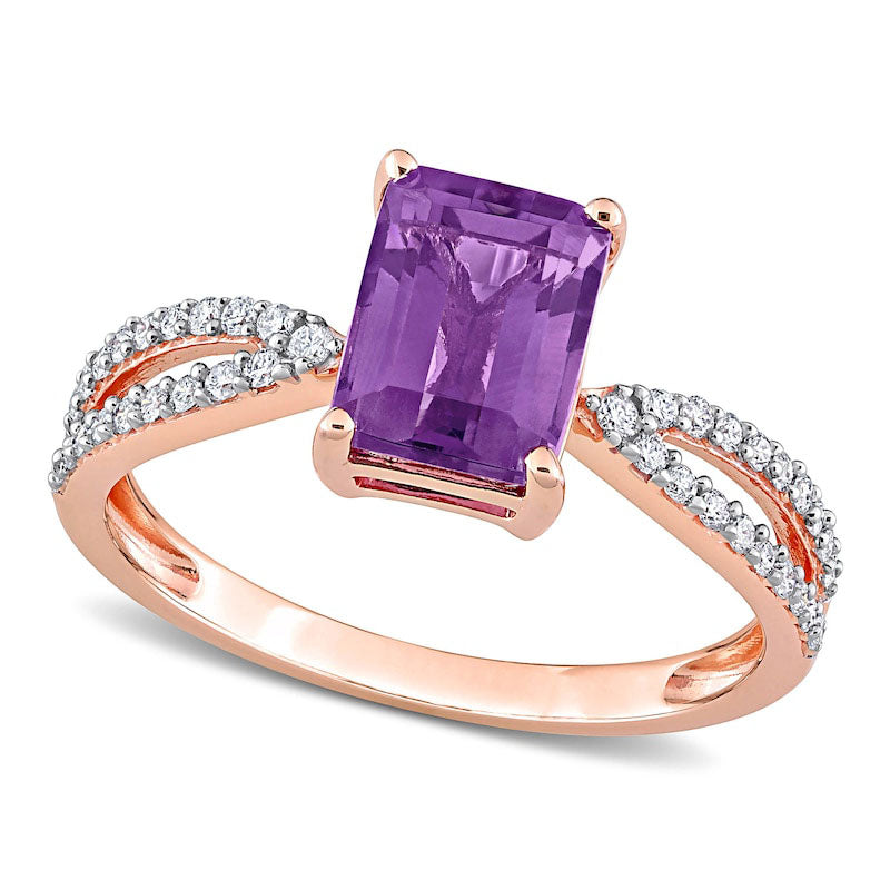 Image of ID 1 Emerald-Cut Amethyst and 020 CT TW Natural Diamond Tapered Split Shank Ring in Solid 14K Rose Gold