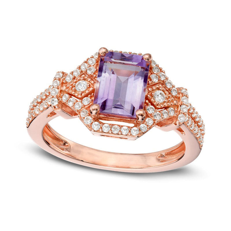 Image of ID 1 Emerald-Cut Amethyst and Lab-Created White Sapphire Ring in Sterling Silver with Solid 14K Rose Gold Plate
