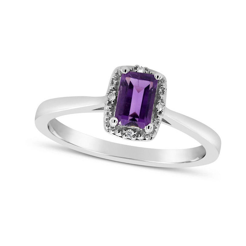Image of ID 1 Emerald-Cut Amethyst and Natural Diamond Accent Beaded Frame Ring in Sterling Silver