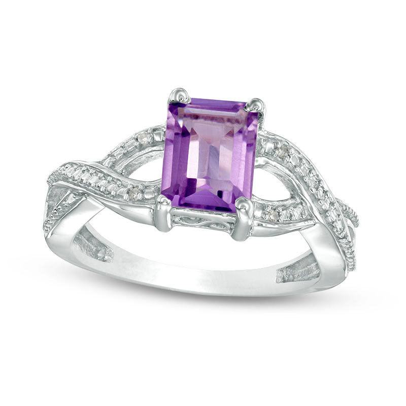 Image of ID 1 Emerald-Cut Amethyst and Natural Diamond Accent Twist Ring in Sterling Silver