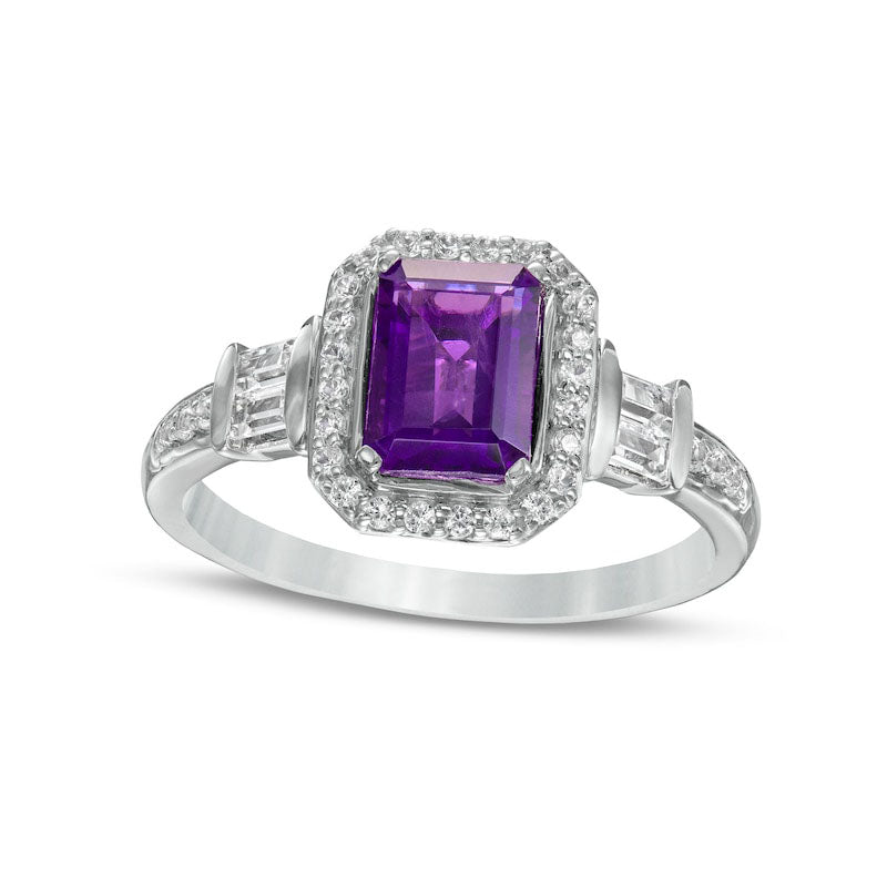 Image of ID 1 Emerald-Cut Amethyst and White Lab-Created Sapphire Cushion Frame Ring in Sterling Silver