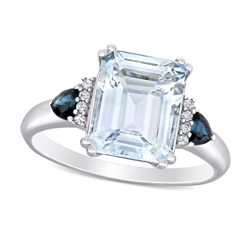 Image of ID 1 Emerald-Cut Aquamarine Trillion-Cut Blue Sapphire and 005 CT TW Natural Diamond Collar Ring in Sterling Silver