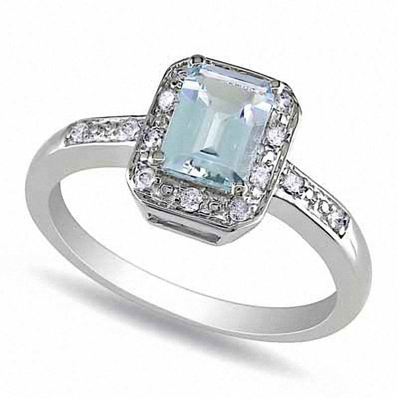 Image of ID 1 Emerald-Cut Aquamarine and 005 CT TW Natural Diamond Promise Ring in Sterling Silver
