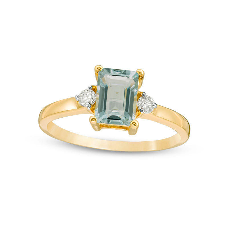 Image of ID 1 Emerald-Cut Aquamarine and 010 CT TW Natural Diamond Ring in Solid 10K Yellow Gold
