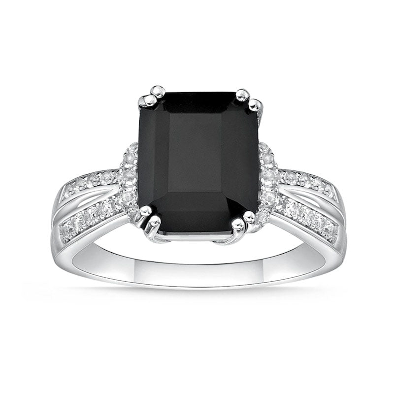 Image of ID 1 Emerald-Cut Black Onyx and White Topaz Collar Split Shank Ring in Sterling Silver