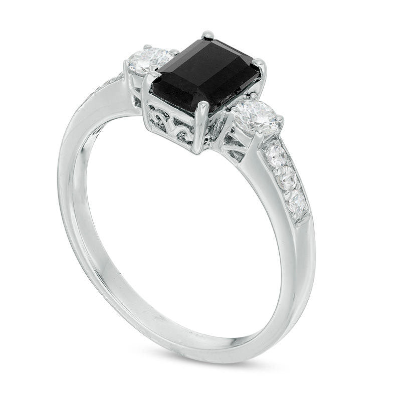 Image of ID 1 Emerald-Cut Black and White Sapphire Three Stone Ring in Sterling Silver