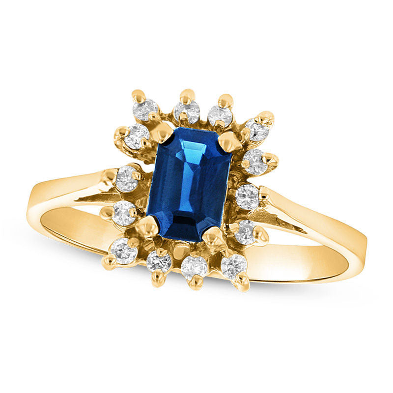 Image of ID 1 Emerald-Cut Blue Sapphire and 013 CT TW Natural Diamond Starburst Frame Ring in Solid 14K Gold