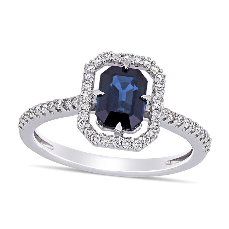 Image of ID 1 Emerald-Cut Blue Sapphire and 025 CT TW Natural Diamond Open Frame Ring in Solid 14K White Gold