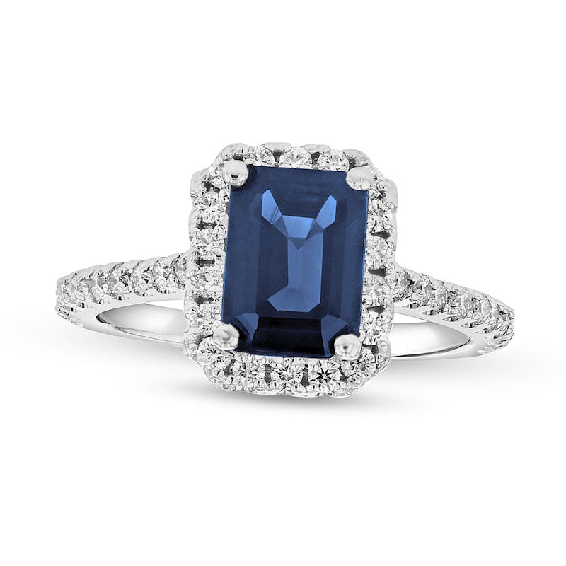 Image of ID 1 Emerald-Cut Blue Sapphire and 038 CT TW Natural Diamond Frame Ring in Solid 14K White Gold