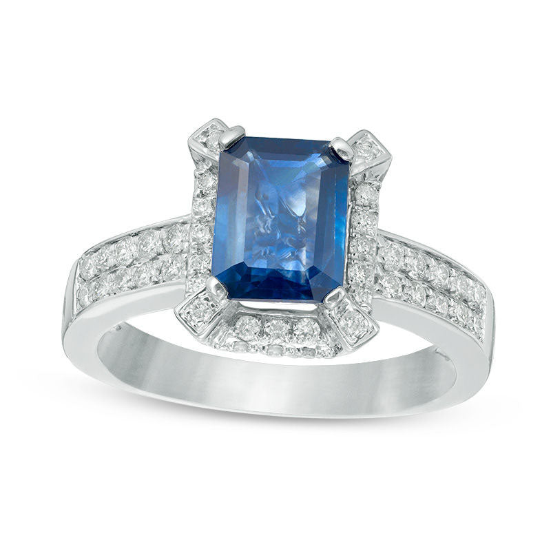 Image of ID 1 Emerald-Cut Blue Sapphire and 050 CT TW Natural Diamond Frame Double Row Ring in Solid 14K White Gold (H/I1)