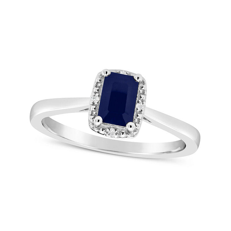 Image of ID 1 Emerald-Cut Blue Sapphire and Natural Diamond Accent Beaded Frame Ring in Sterling Silver