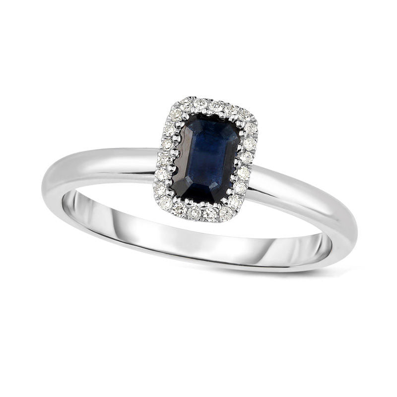 Image of ID 1 Emerald-Cut Blue Sapphire and Natural Diamond Accent Frame Ring in Solid 14K White Gold - Size 7