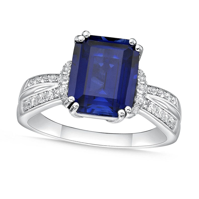 Image of ID 1 Emerald-Cut Blue and White Lab-Created Sapphire Collar Split Shank Ring in Sterling Silver