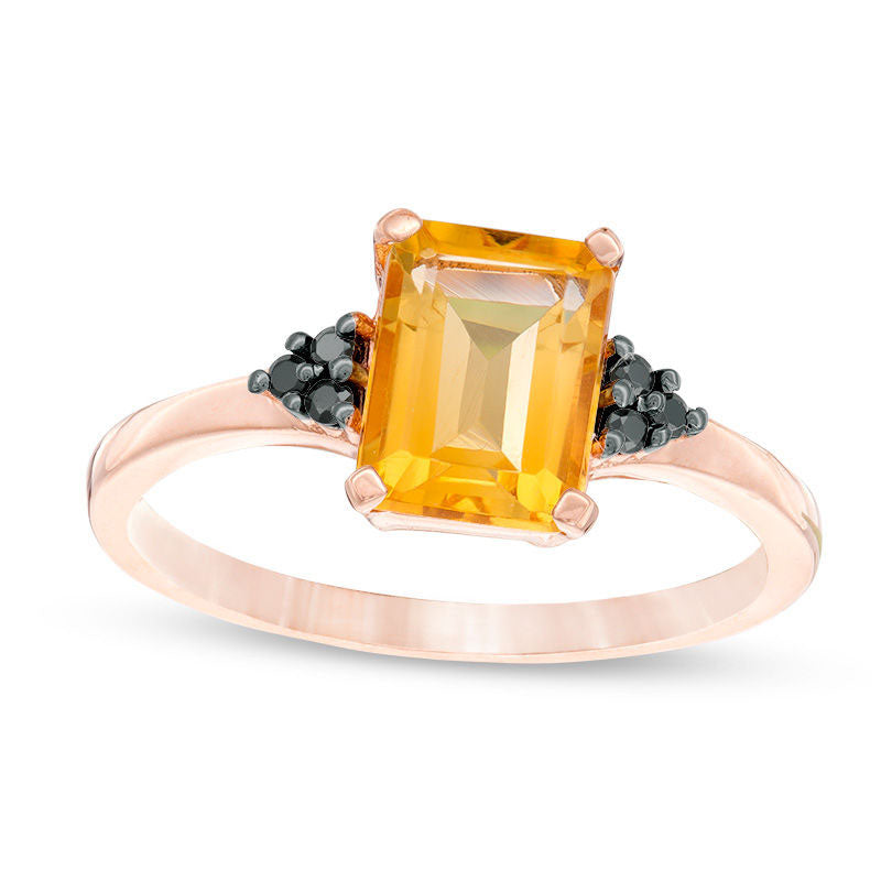 Image of ID 1 Emerald-Cut Citrine and 005 CT TW Enhanced Black Natural Diamond Tri-Sides Promise Ring in Solid 10K Rose Gold