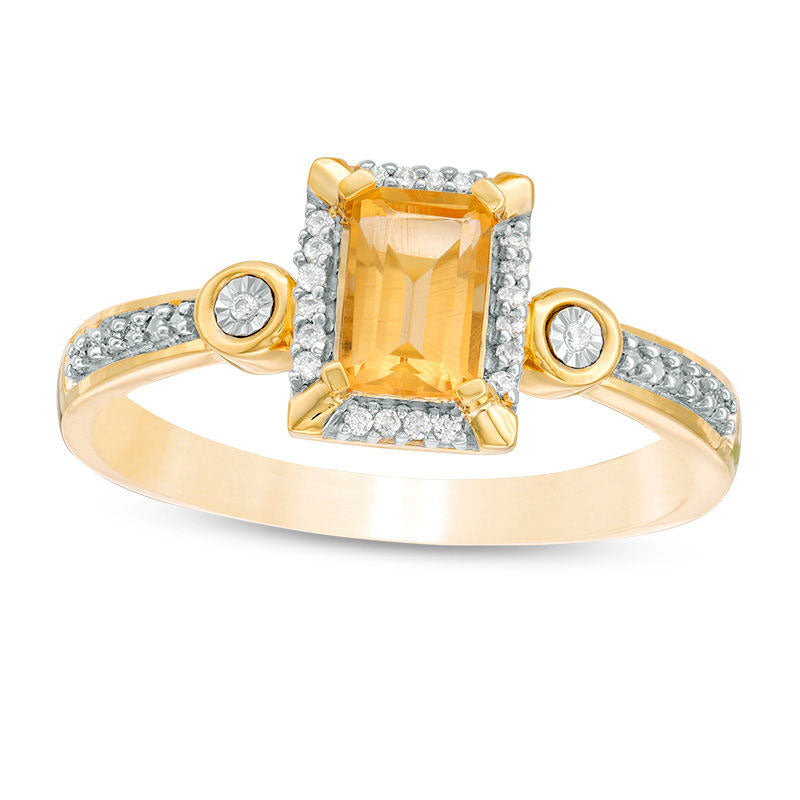 Image of ID 1 Emerald-Cut Citrine and 005 CT TW Natural Diamond Frame Art Deco-Inspired Promise Ring in Solid 10K Yellow Gold