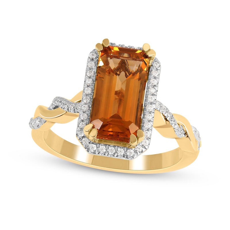 Image of ID 1 Emerald-Cut Citrine and 020 CT TW Natural Diamond Octagonal Frame Twist Shank Ring in Solid 10K Yellow Gold