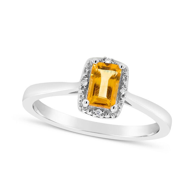 Image of ID 1 Emerald-Cut Citrine and Natural Diamond Accent Beaded Frame Ring in Sterling Silver