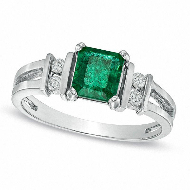 Image of ID 1 Emerald-Cut Emerald and 010 CT TW Natural Diamond Engagement Ring in Solid 14K White Gold