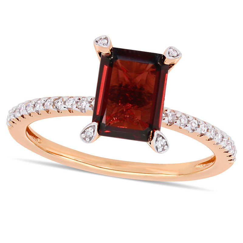 Image of ID 1 Emerald-Cut Garnet and 010 CT TW Natural Diamond Engagement Ring in Solid 10K Rose Gold