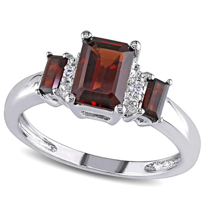 Image of ID 1 Emerald-Cut Garnet and Natural Diamond Accent Three Stone Ring in Solid 10K White Gold