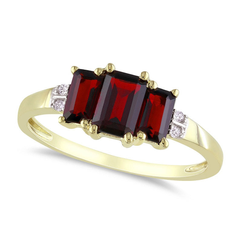 Image of ID 1 Emerald-Cut Garnet and Natural Diamond Accent Three Stone Ring in Solid 10K Yellow Gold