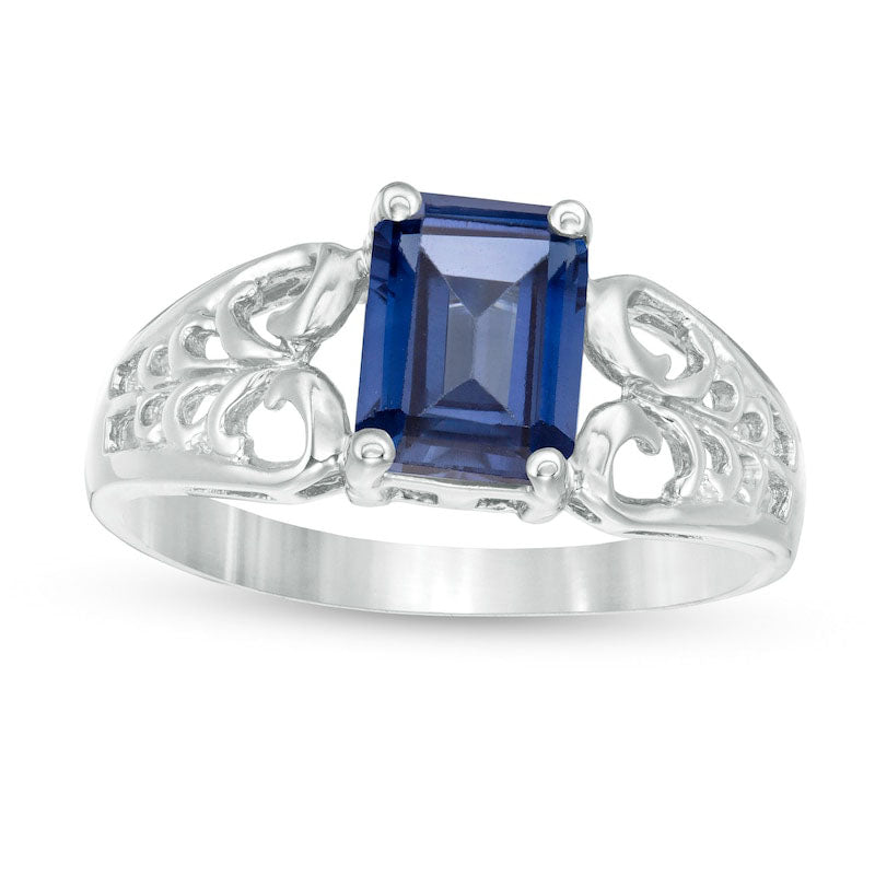 Image of ID 1 Emerald-Cut Lab-Created Blue Sapphire Open Scroll Ring in Solid 10K White Gold