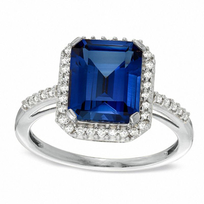 Image of ID 1 Emerald-Cut Lab-Created Blue Sapphire and 020 CT TW Diamond Ring in Solid 10K White Gold