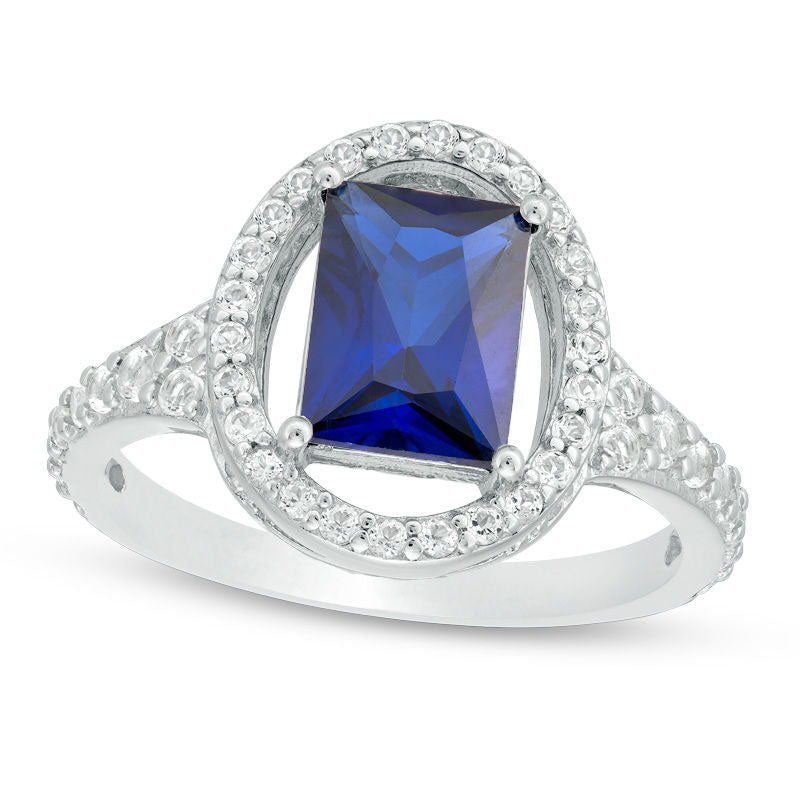 Image of ID 1 Emerald-Cut Lab-Created Blue Sapphire and White Topaz Oval-Shaped Open Frame Ring in Sterling Silver