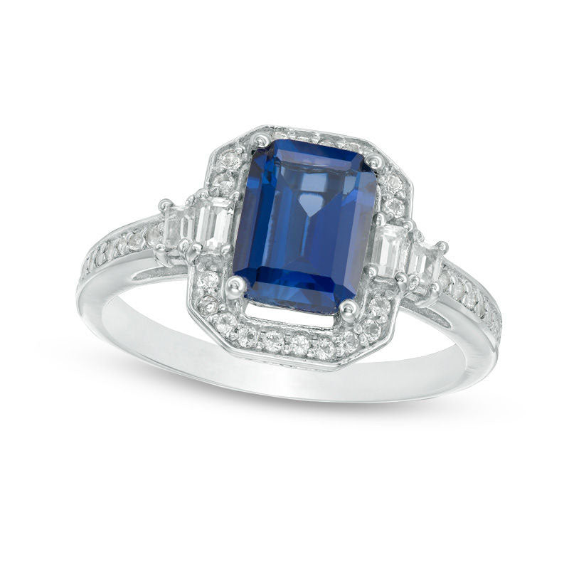 Image of ID 1 Emerald-Cut Lab-Created Blue and White Sapphire Frame Ring in Sterling Silver