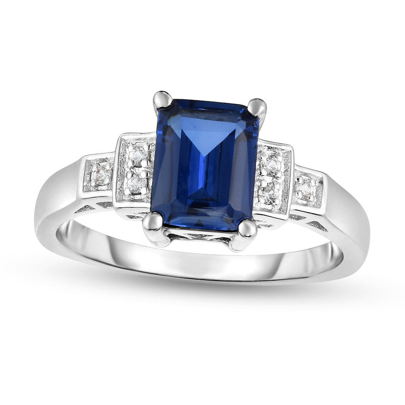 Image of ID 1 Emerald-Cut Lab-Created Blue and White Sapphire Tri-Sides Collar Ring in Sterling Silver