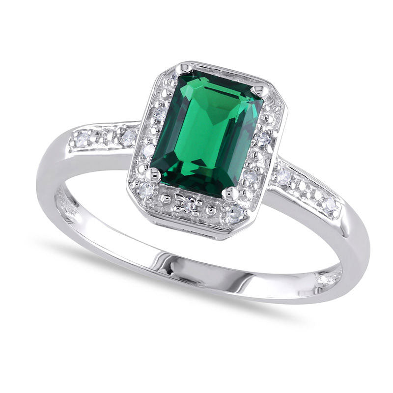 Image of ID 1 Emerald-Cut Lab-Created Emerald and 005 CT TW Diamond Frame Ring in Sterling Silver