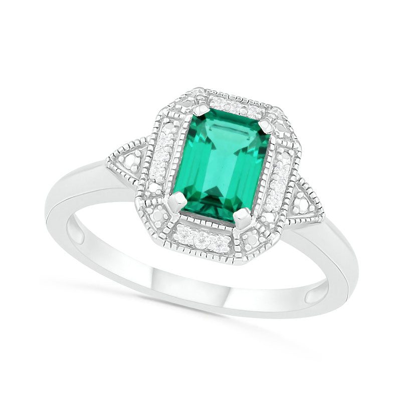 Image of ID 1 Emerald-Cut Lab-Created Emerald and 005 CT TW Diamond Octagonal Frame Art Deco Antique Vintage-Style Ring in Sterling Silver