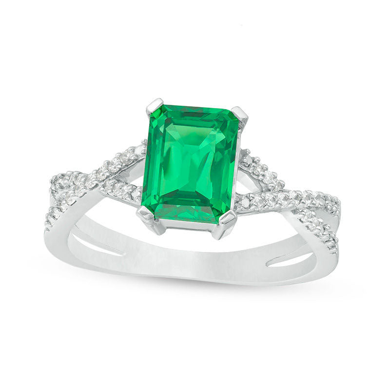 Image of ID 1 Emerald-Cut Lab-Created Emerald and 010 CT TW Diamond Criss-Cross Split Shank Ring in Solid 10K White Gold