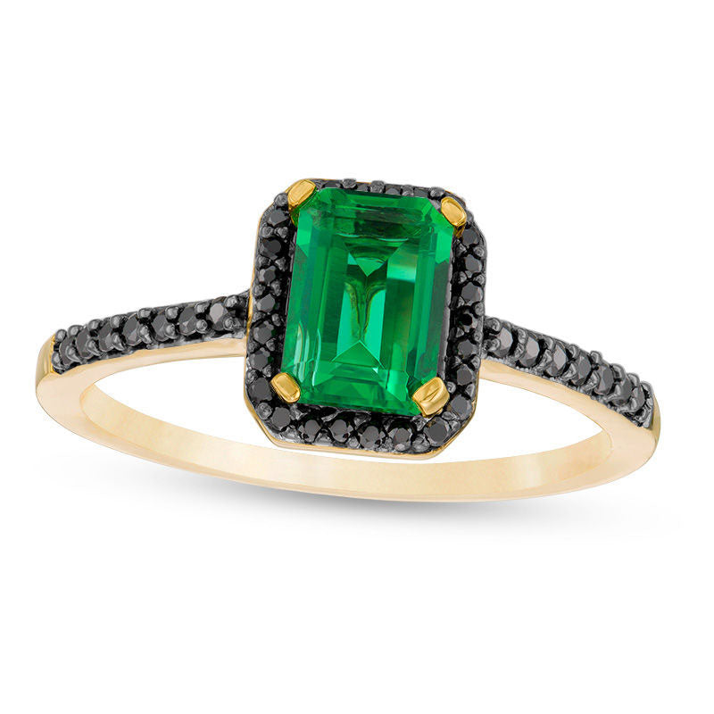 Image of ID 1 Emerald-Cut Lab-Created Emerald and 013 CT TW Enhanced Black Diamond Frame Ring in Solid 10K Yellow Gold
