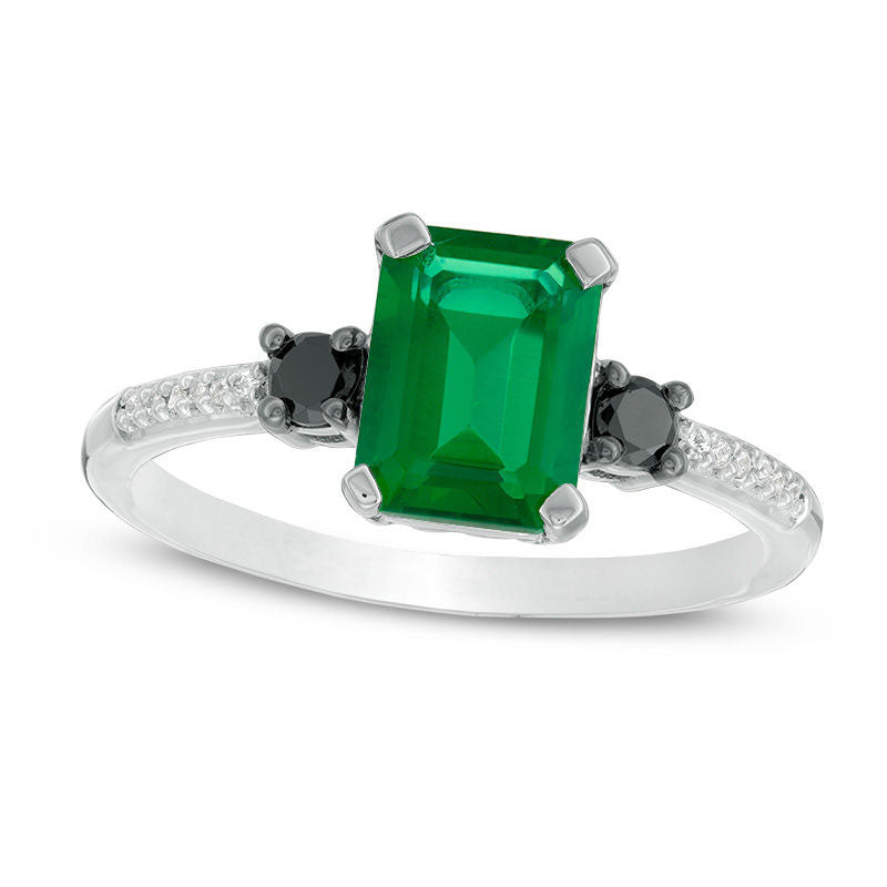 Image of ID 1 Emerald-Cut Lab-Created Emerald and 013 CT TW Enhanced Black and White Diamond Ring in Solid 10K White Gold