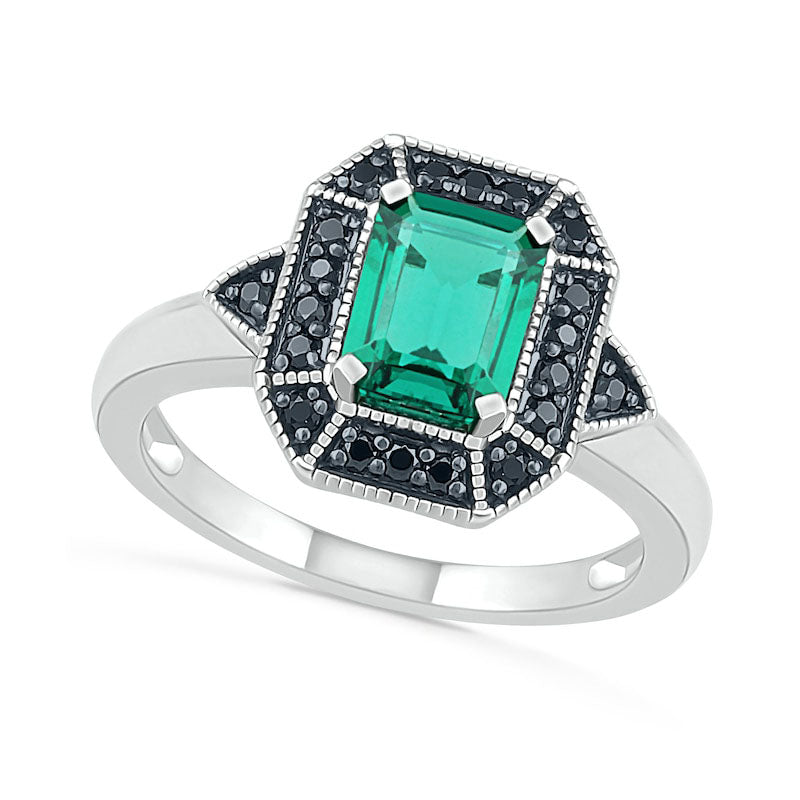 Image of ID 1 Emerald-Cut Lab-Created Emerald and 017 CT TW Enhanced Black Diamond Frame Antique Vintage-Style Ring in Sterling Silver