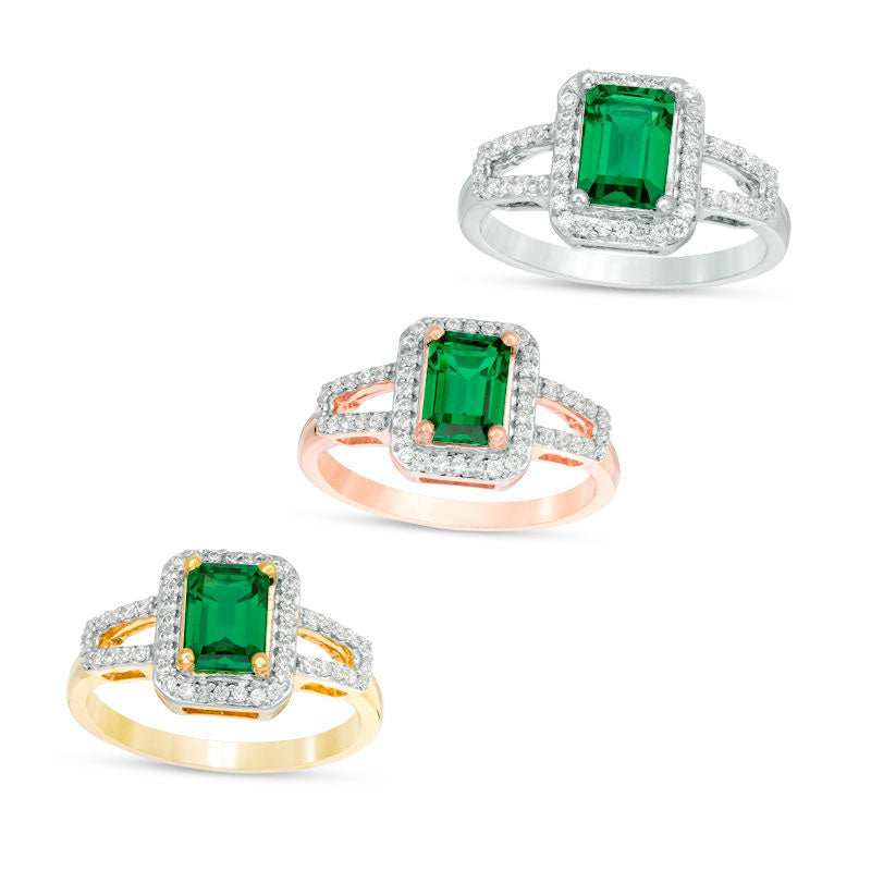 Image of ID 1 Emerald-Cut Lab-Created Emerald and 025 CT TW Diamond Frame Open Shank Ring in Solid 10K White Yellow or Rose Gold