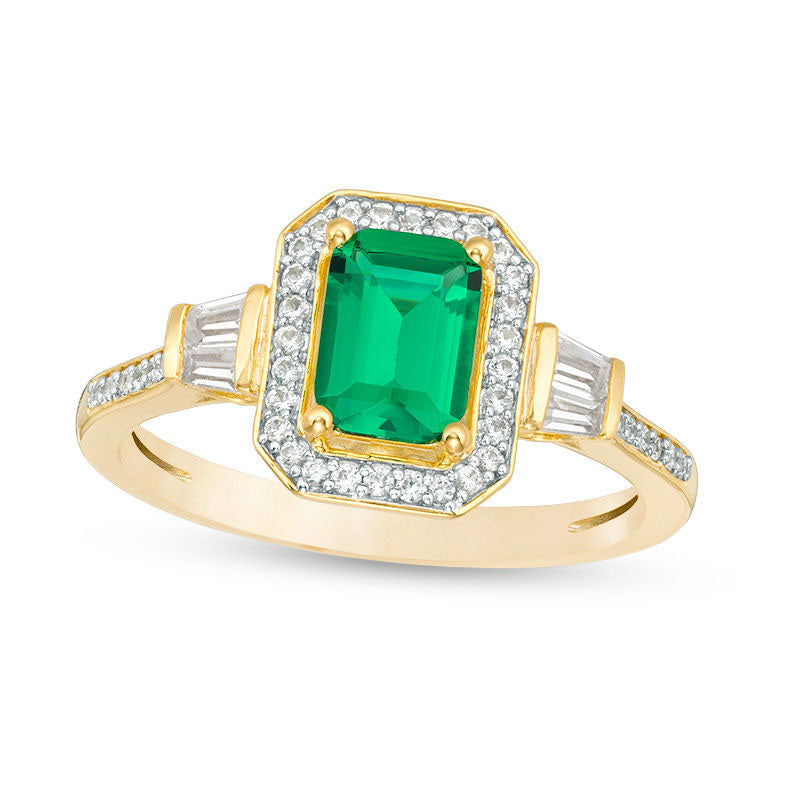 Image of ID 1 Emerald-Cut Lab-Created Emerald and 025 CT TW Diamond Frame Ring in Solid 10K Yellow Gold