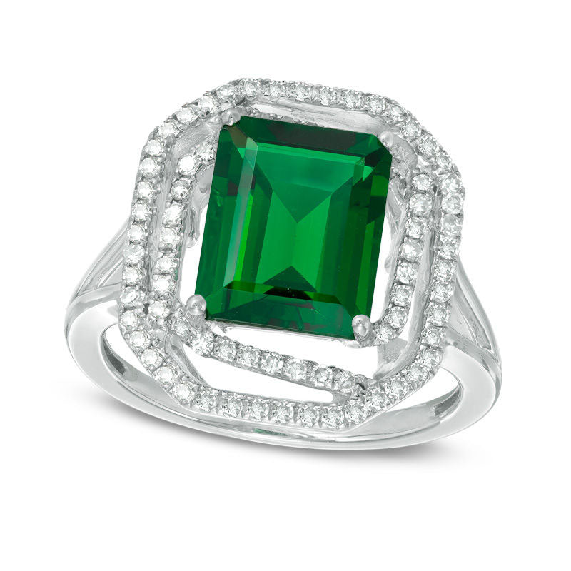 Image of ID 1 Emerald-Cut Lab-Created Emerald and 033 CT TW Diamond Swirl Frame Ring in Sterling Silver - Size 7